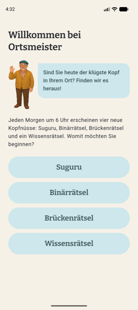 Der Startbildschirm: Herbert begrüßt mit der Frage nach dem klügsten Kopf im Ort.